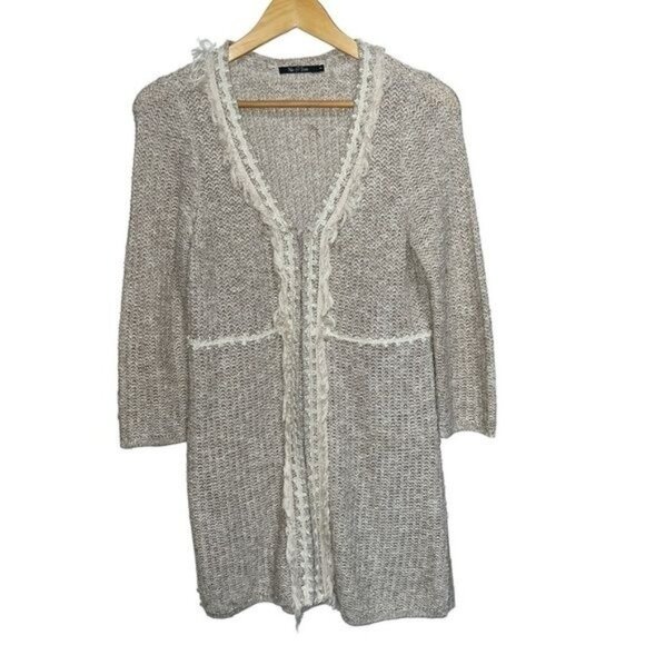 Nic & Zoe Open Knit Beige Cardigan With Fringe Trim 3/4 Sleeves Women's Size S - Picture 1 of 11